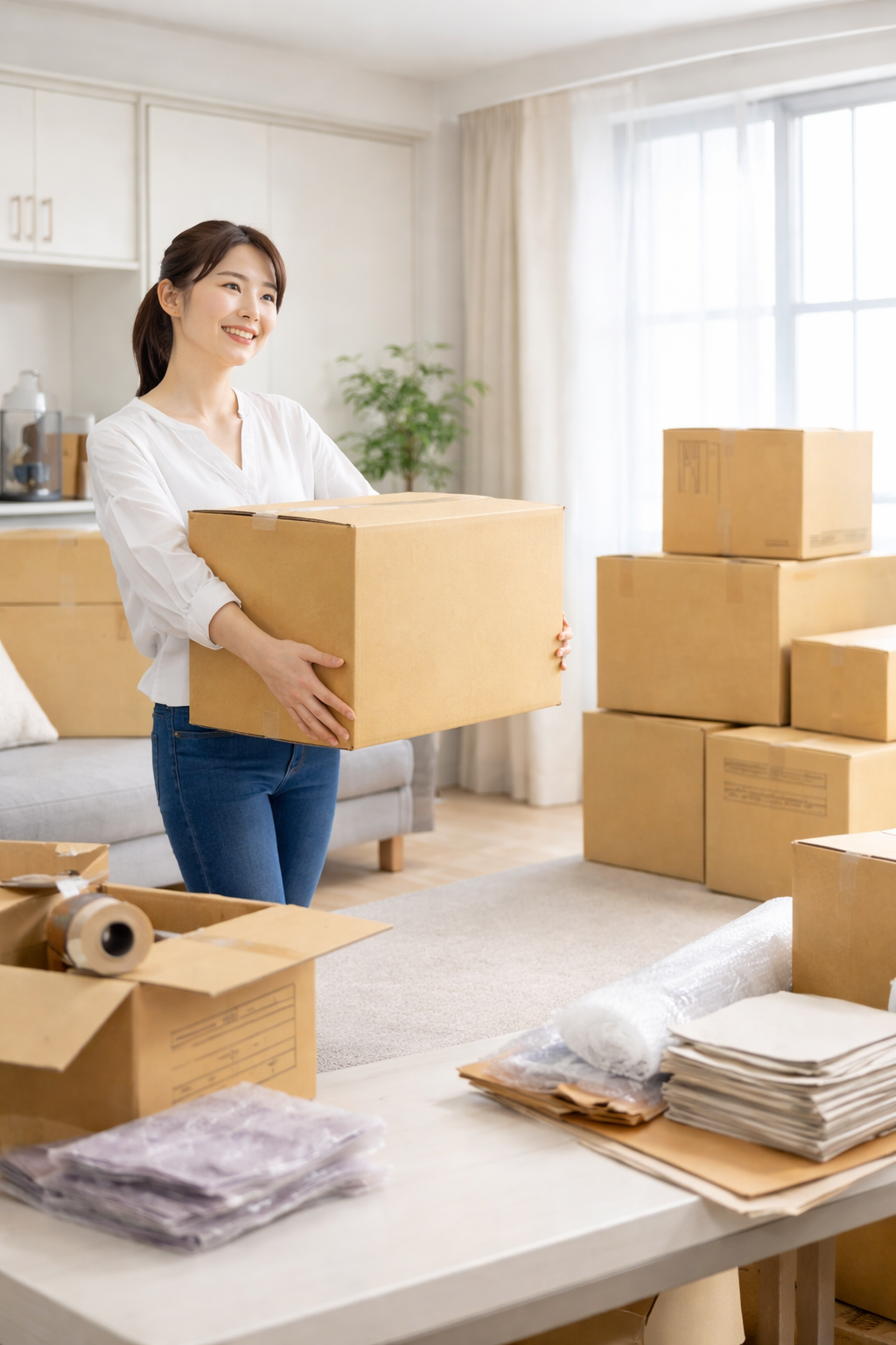 引っ越し準備をする人とダンボール