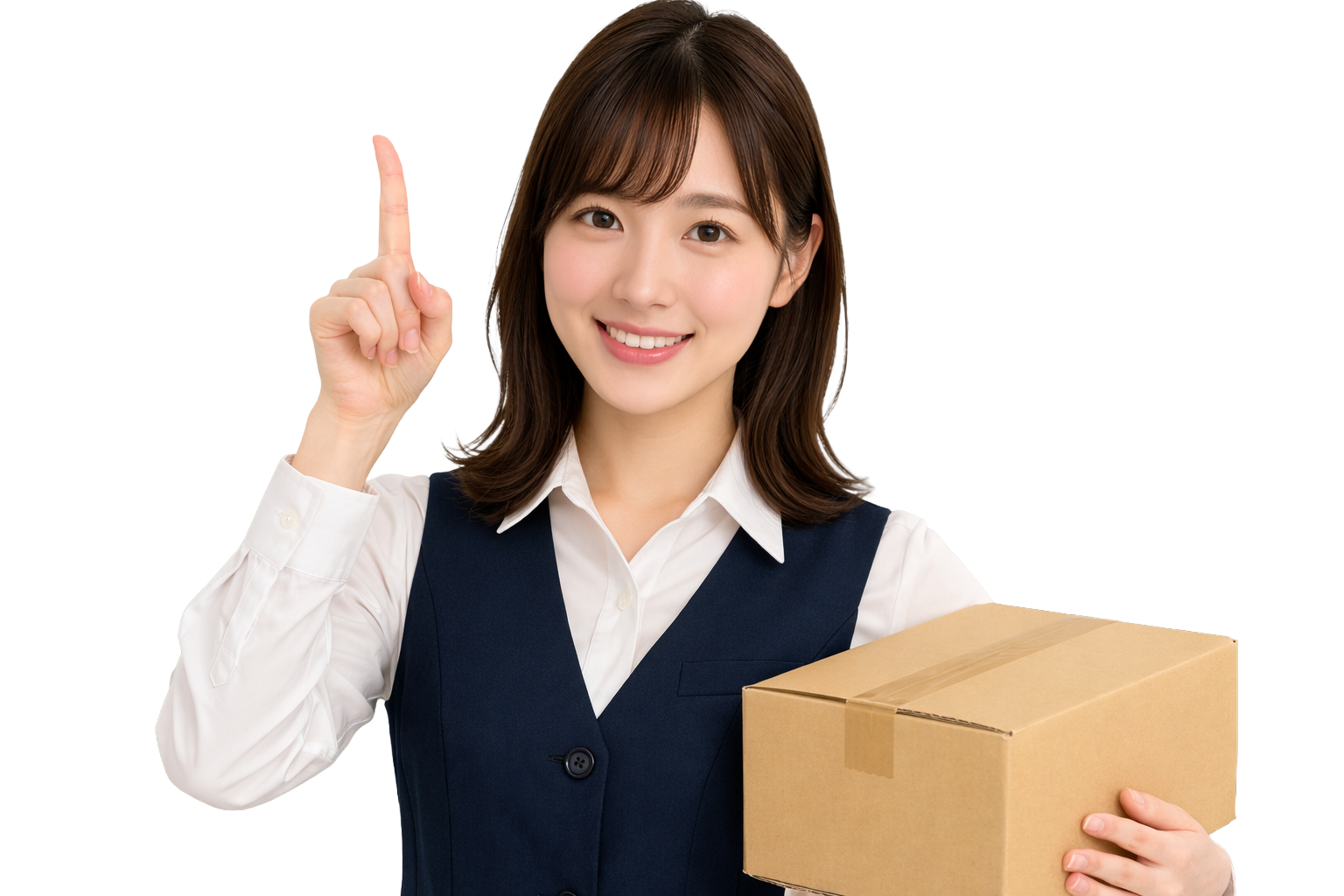 ダンボールを持って案内する女性